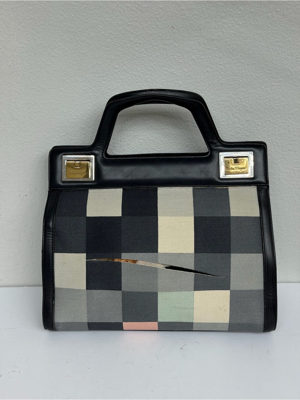 Salvatore Ferragamo Wanda Handbag Black Checkered Gold Tone Project
